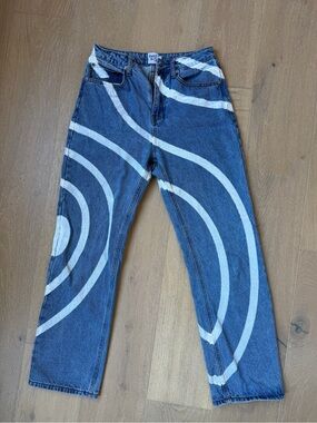 Princess Polly Blue Denim Jeans with White Wave Print